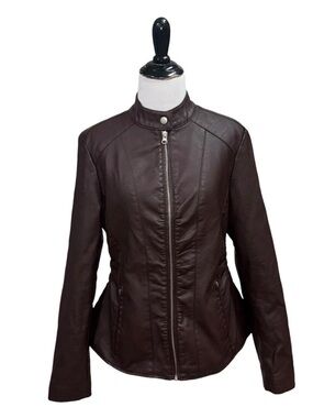 Baccini Women's M Medium Faux Leather Moto Jacket Brown Fitted Lightweight
